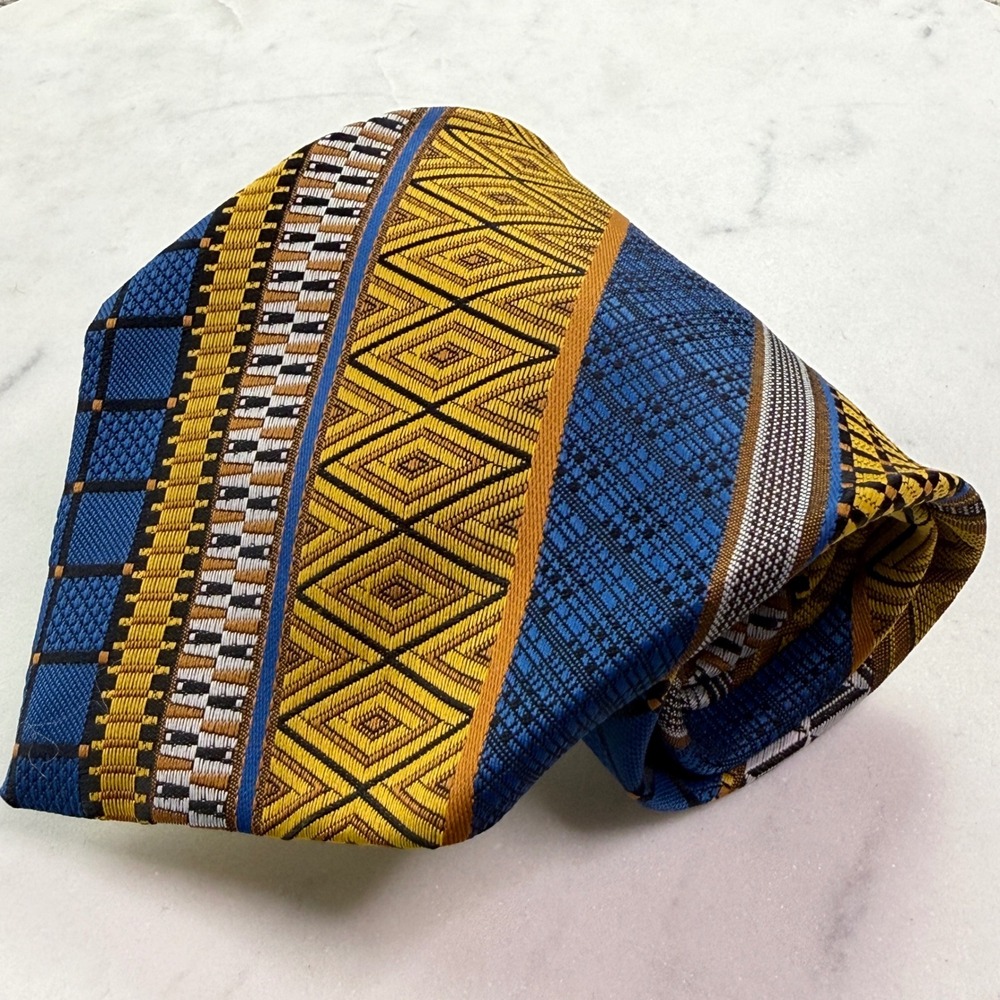 Vintage 70s Towncraft Penneys Mens Tie Blue Gold Geometric Polyester 4"